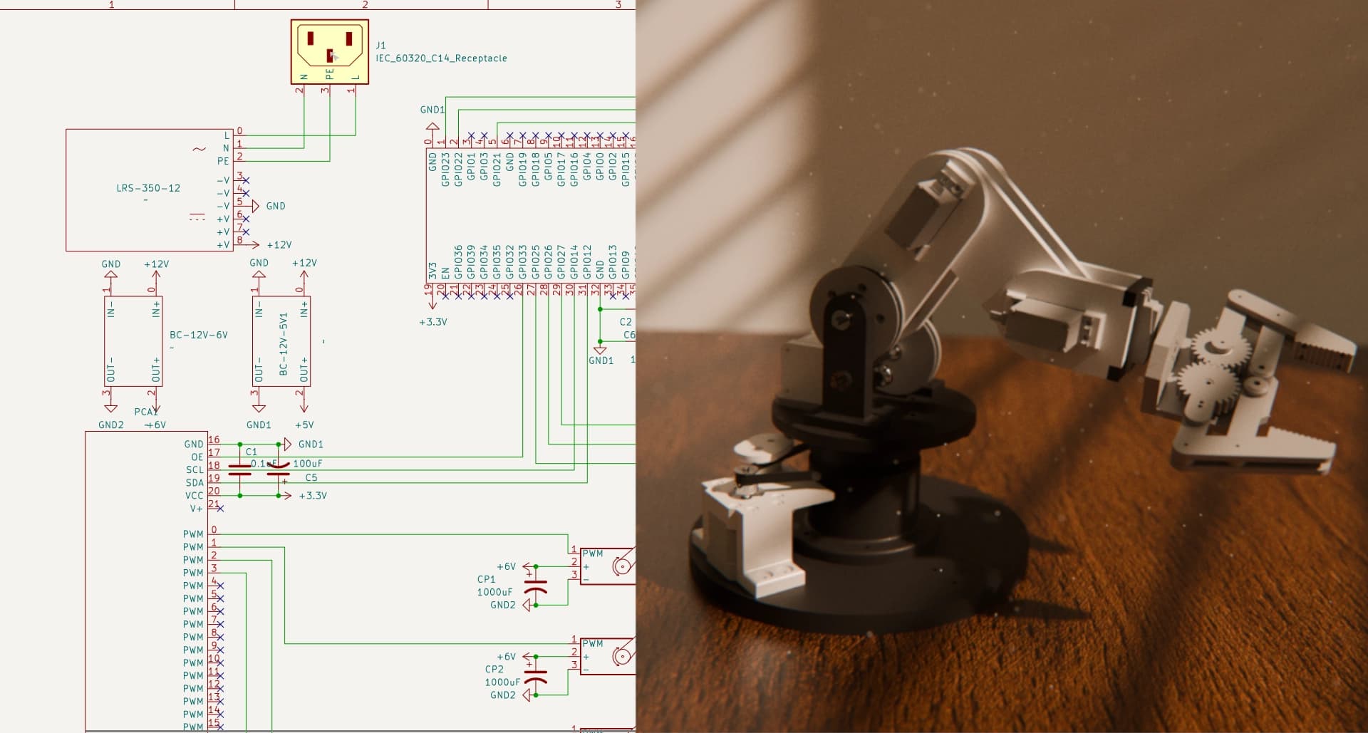 Robot Arm Banner showing the electronic schematics and render of robot arm